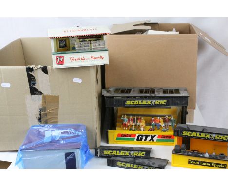 Group of Scalextric trackside buildings to include Spectator Stand, toilets, Team Lotus hut plus a group of Scalextric and sl