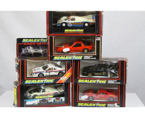 Six boxed Scalextric slot cars to include C436 Porsche 962, C347 BMW MI, C144 Martini Lancia with working headlights, C383 Po