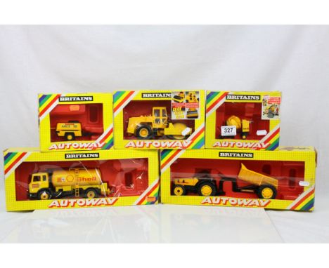 Five boxed Britains Autoway diecast models to include 9817 Petrol Tanker (no figure), 9843 Winget Cement Mixer (no figure), 9