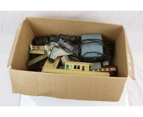 Group of Hornby Dublo model railway to include 2 x locomotives, 3 x items of rolling stock, platform, track and controller, p