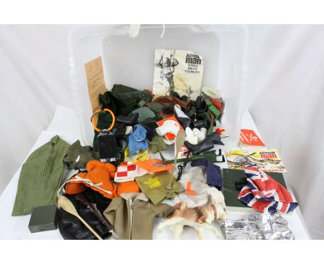 Collection of original Palitoy Action Man accessories to include clothing, boots, weapons, paperwork etc