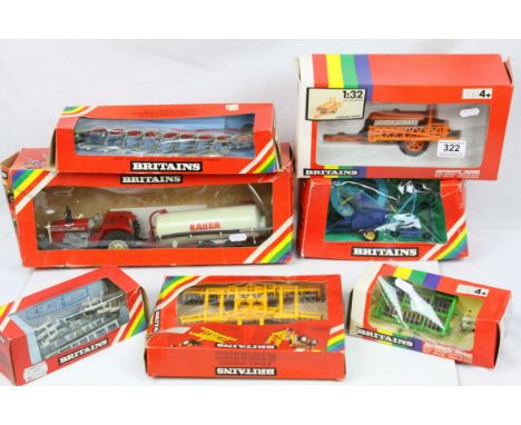 Seven boxed Britains farming model accessories to include 9537 Superspray Tanker, 9552 Folding Disc Harrow, 9554 8 Furrow Plo