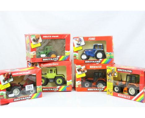 Six boxed Britains tractors to include 9518 Renault Tractor, 9515 Volvo Valmet Tractor (damage to model), 9525 Mercedes Benz 