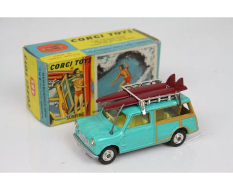 Boxed Corgi 485 Surfing with the BMC Mini Countryman diecast model with figure and 2 x surfboards, diecast vg, box gd with on