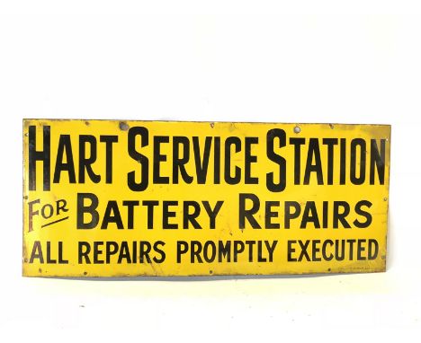 A Hart Service Station for Battery Repairs rectangular enamel sign by Wildman and Meguyer, with good gloss, 36 x 50". 