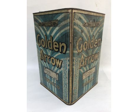 A Golden Arrow African Tobacco square tin with an image of the Golden Arrow Land Speed Record car to each side. 