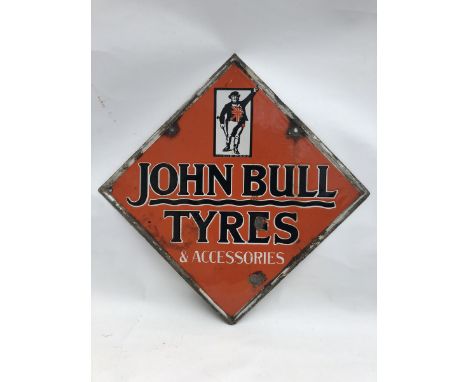 A John Bull Tyres and Accessories lozenge shaped double sided enamel sign, 22 x 22".
