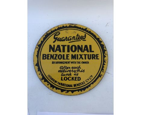 A National Benzole Mixture circular enamel bulk tank sign, in very good condition, 8" diameter.