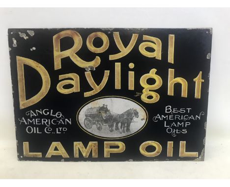 A Royal Daylight Lamp Oil part pictorial enamel sign with central image of a horse drawn tanker, 21 x 14 1/2".