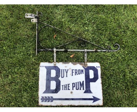 A BP 'Buy from the pump' rectangular double sided enamel sign on hanging bracket, 18 x 12" (measurement for sign only).