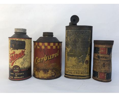 A Luvax Shock Absorber oval can, a Carburol can and a Filtrate pint can, also an unused old stock inspection lamp in cylindri