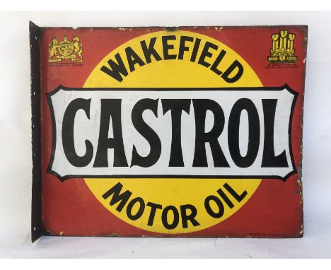 A Wakefield Castrol Motor Oil double sided enamel sign with hanging flange by Bruton of Palmers Green, the royal crest and pl