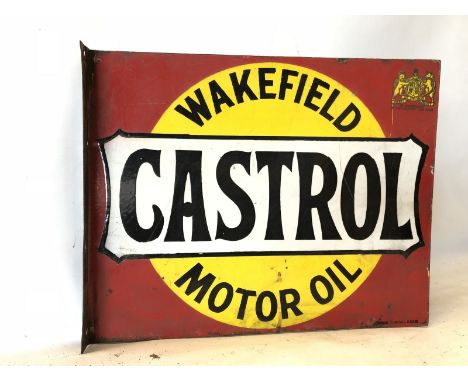 A good Wakefield Castrol Motor Oil double sided enamel sign with hanging flange by Stocal, 20 x 60". 
