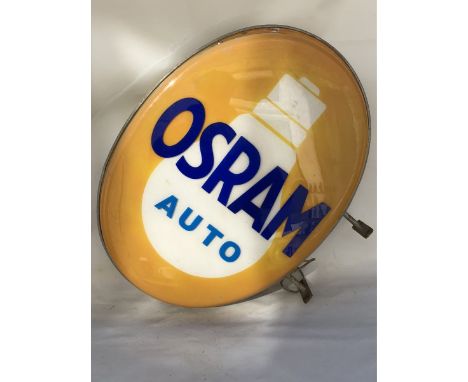 An Osram Auto double sided oval perspex lightbox on a metal bracket, approximately 23 x 31". 