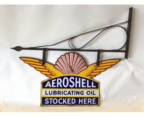 A rare Aeroshell Lubricating Oil double sided enamel sign on hanging bracket, in good original condition, 28 1/4 x 15 1/4" (m