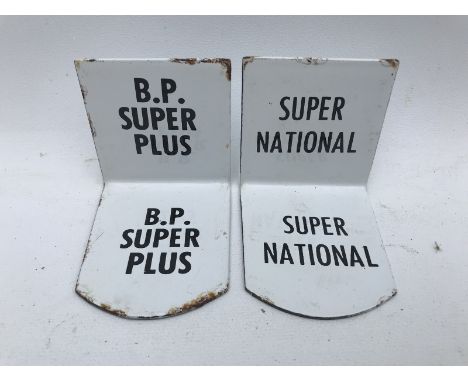 A BP Super Plus enamel petrol pump enamel bracket and another for Super National.