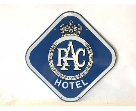 An RAC Hotel lozenge shaped double sided enamel sign with good gloss, 22 x 22". 