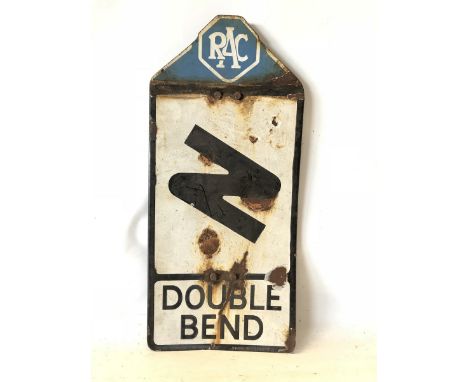 A Double Bend enamel road sign with RAC pediment by Chromo, 12 x 26". 