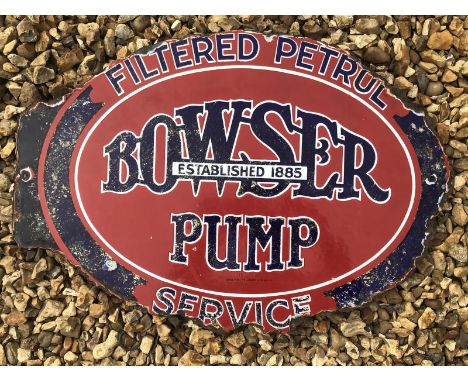 A Bowser pump oval double sided enamel sign lacking hanging flange, by Bruton of Palmers Green, 21 1/2 x 15". 