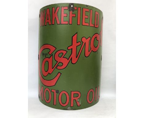 A Wakefield Castrol Motor Oil curved petrol pump enamel sign by Bruton, 14 1/4 x 19". 