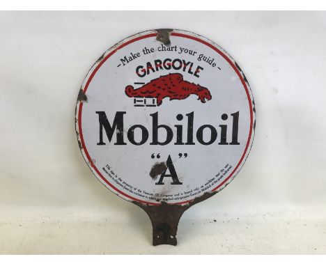 A rare Mobiloil 'A' circular double sided enamel bowser tank plaque, 8 3/4" diameter. 