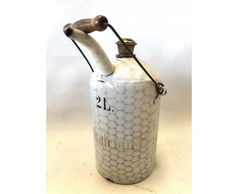 A two litre enamel petroleum kettle with spider web blue line design..