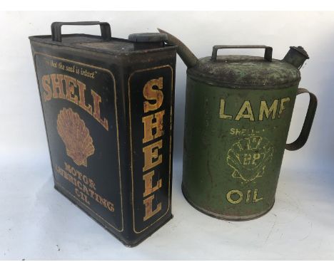 A Shell Motor Lubricating Oil gallon can and a Shellmex BP Lamp Oil can. 
