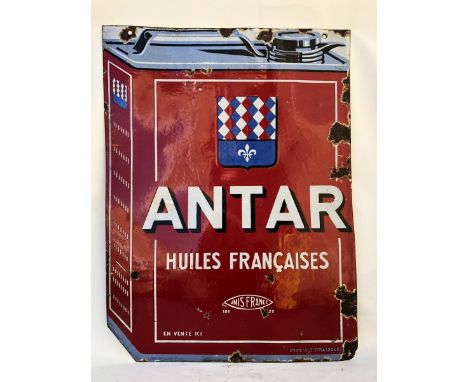An Antar French Oil can-shaped double sided enamel sign, 23 3/4 x 31 1/2".
