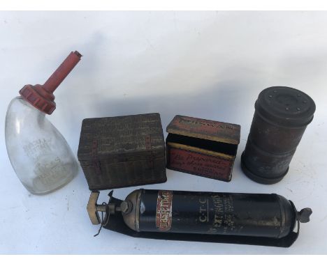 A CTC Masterpiece brass fire extinguisher with bracket, circa 1920s, a Royal Ediswan Bolt-In, a cylindrical spare bulb tin an