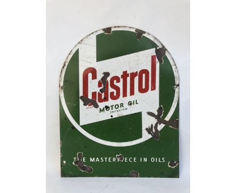 A Castrol Motor Oil curved top enamel sign for the end of a bottle crate, 11 1/2 x 14 1/2".
