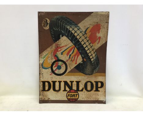 A Dunlop Fort pictorial tin advertising sign depicting a horse drawn chariot moving through a tyre, 20 3/4 x 28". 