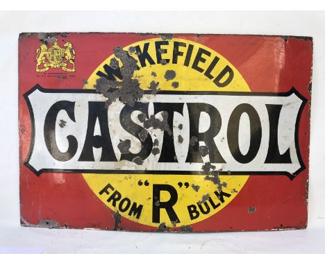 A Wakefield Castrol from 'R' bulk rectangular enamel sign by Bruton of Palmers Green, with royal crest to the top left corner