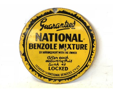 A National Benzole Mixture circular yellow and black enamel bulk tank sign, 8" diameter.