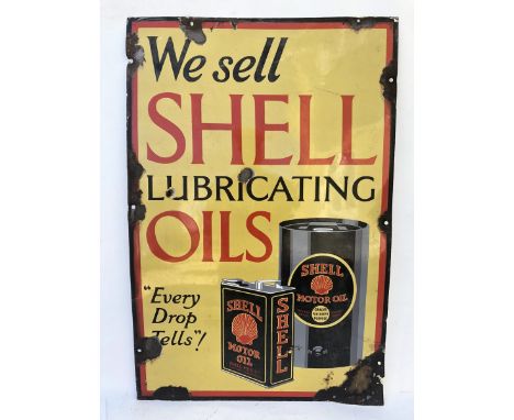 A Shell Lubricating Oils 'Every Drop Tells' pictorial enamel sign depicting two cans, 24 x 36".