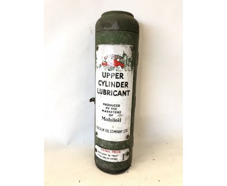 A Mobiloil Gargoyle Upper Cylinder Lubricant cylindrical dispensing cabinet with enamel front. 