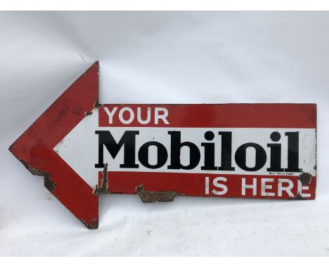 A Mobiloil double sided enamel arrow sign, 32 3/4 x 18 1/2". 