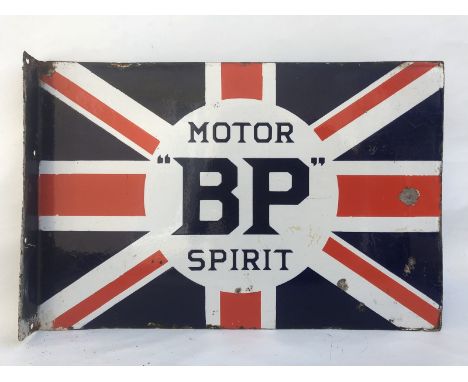 A BP Motor Spirit Union Jack double sided enamel sign with hanging flange by Franco, 18 x 24".