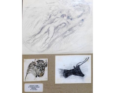 Jeffery Camp R.A. (British,b.1923), three Surrealist drawings, a downward facing nude, a portrait of a Minotaur and a bull, p