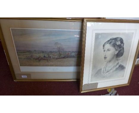 A framed and glazed hunting scene 50 x 65cm, together with another 19th century of a pencil drawing of a lady 