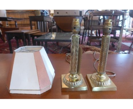 A pair of brass Classical reeded column table lamps, with vintage Laura Ashley pink and white paper shades, H.35cm (2) 