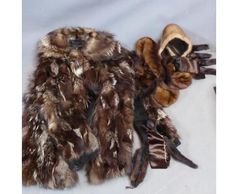 A vintage Fox fur ladies coat together with a mink collar, stole and satin cuffs with fur tassels attached 
