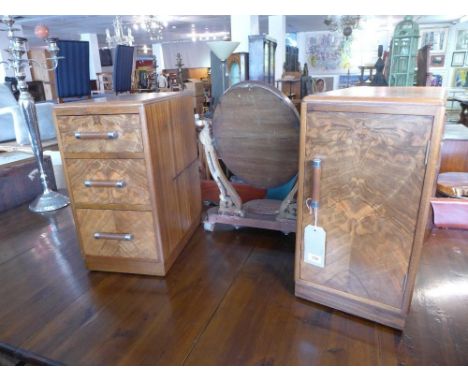 A pair of Art deco burr walnut side cabinets, one with three drawers, the other with cupboard door, H.61 W.32 D.50cm 