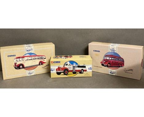 Three boxed Diecast Corgi models to include a fire engine, a ribble Leyland tigo and a Bedford OB coach 