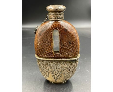 A Victorian glass hip flask with leather and silver, by Chawner &amp; Co hallmarked for London 1872