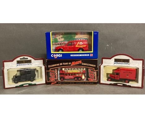 Four Diecast models to include The Mars Heritage bus and a Corgi Royal Mail van 