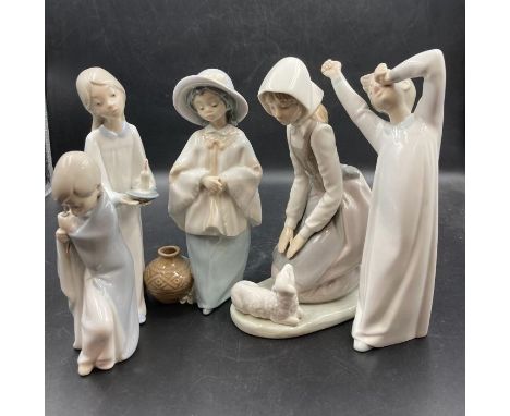 Three Lladro figurines and two Nao figures 