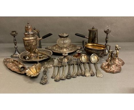 A selection of silver plate including a Victorian Elkington &amp; Co inkwell.