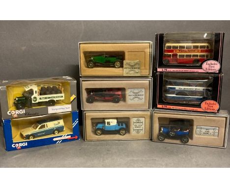 A selection of boxed Diecast vans, cars and buses to include three Corgi classics