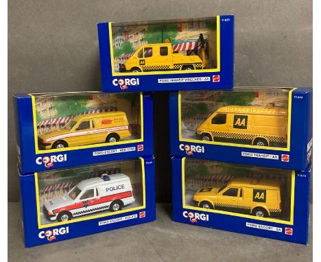 A selection of five Corgi Diecast model cars to include a recovery vehicle, a red star van and a police van 