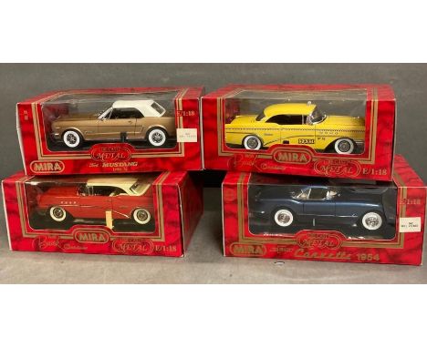 Four Diecast model cars to include a Buick taxi, Ford Mustard, a Corvette and a Buick 